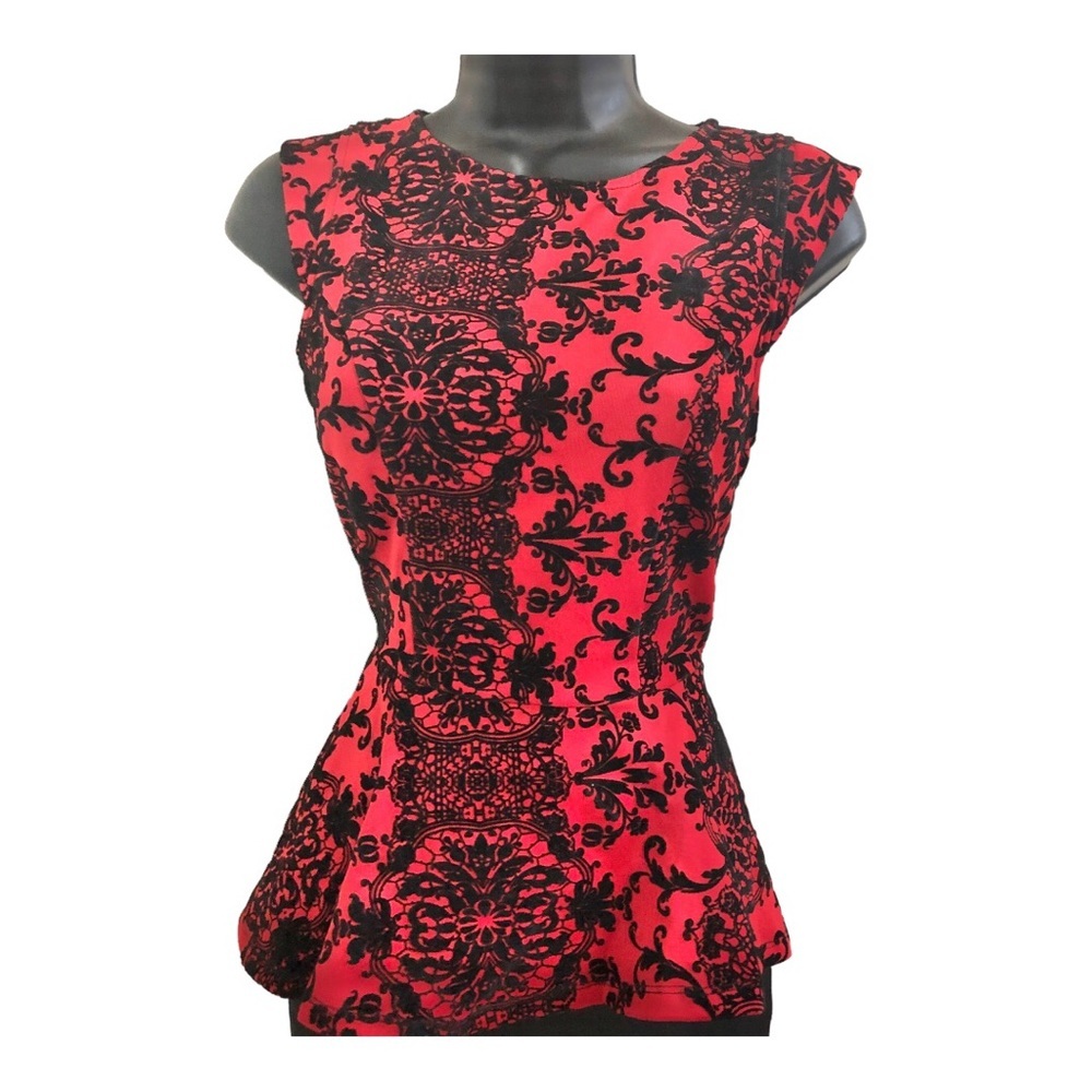 Red black floral embroidered lace back peplum fitted dress size small brand new - Picture 2 of 16